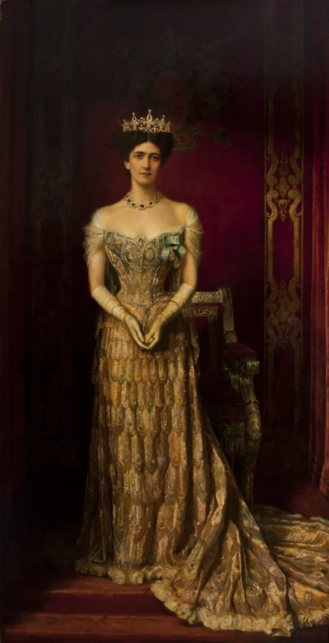 (2) A ball gown: silk, lace, train